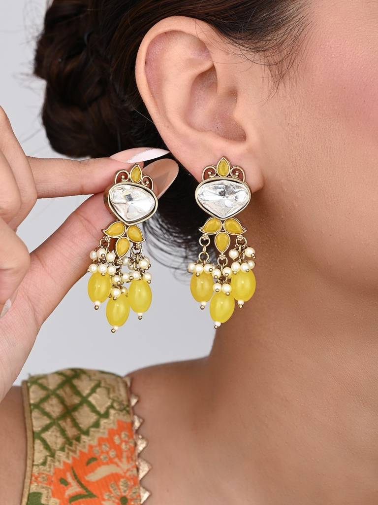 Gold Plated Kundan & Pearl Drop Earrings : S24FAER410YLW