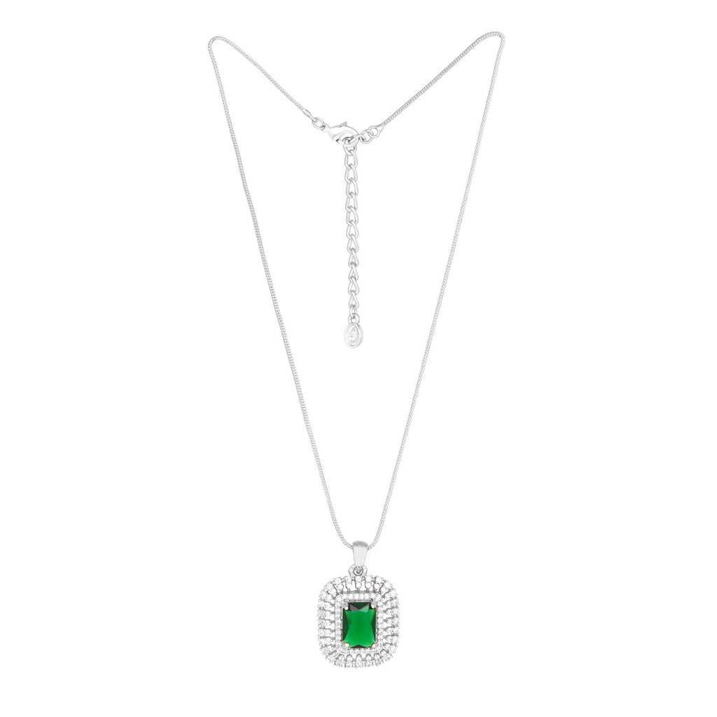 Estele Rhodium Plated Cz Sparkling Square Designer Pendant Set With Emerald Stone For Women