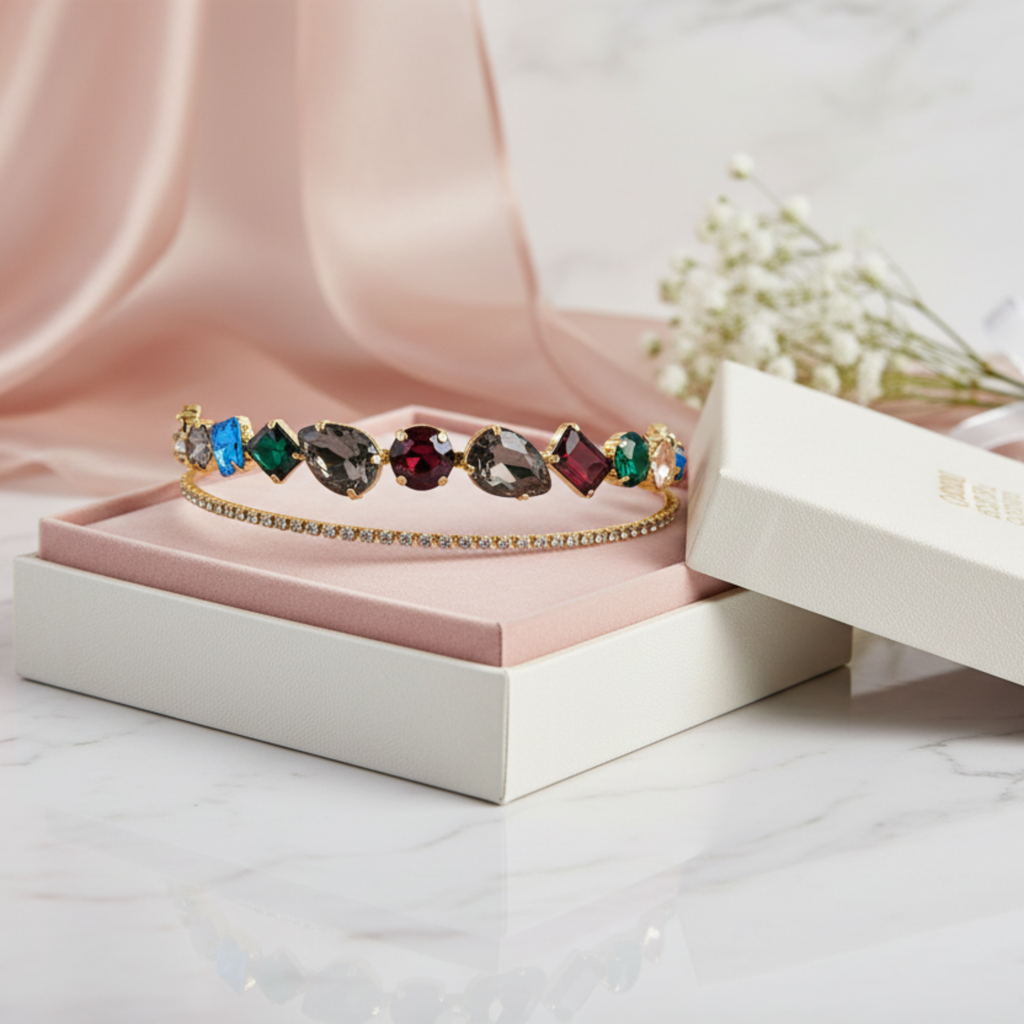 Gold Crystal Rhinestone Double Layer Hairband For Women | Elegant Wedding Party Headband With Multicolor Stones : M4SK-A3