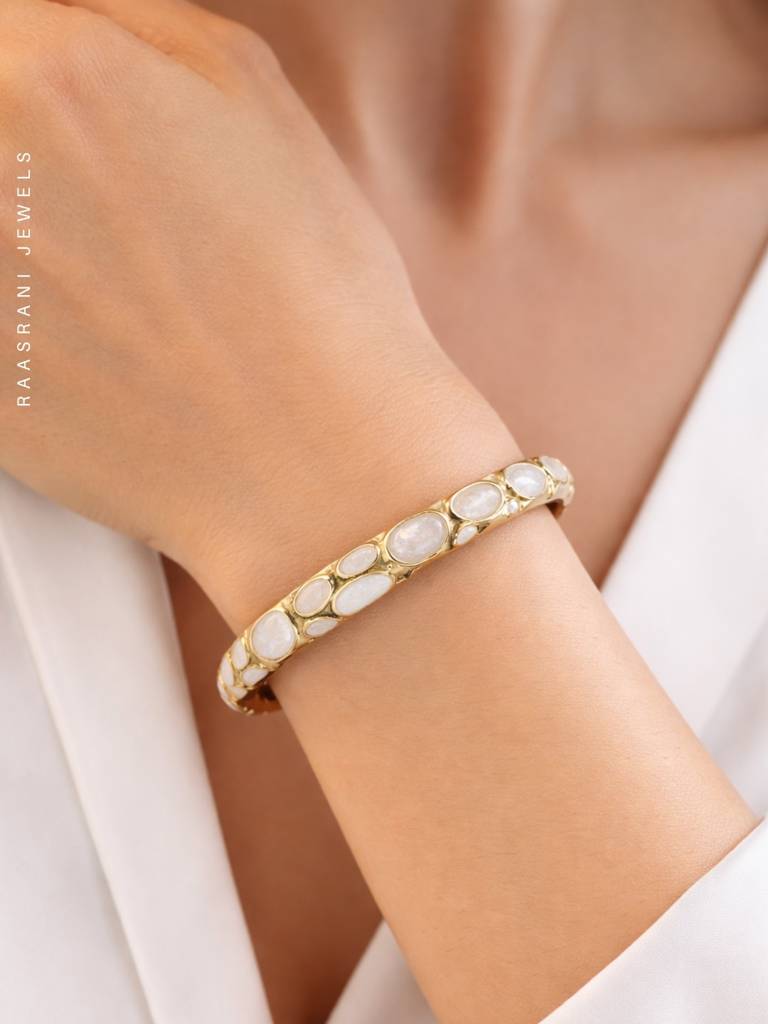 White Bubble Enamel Gold Bracelet | Anti-Tarnish Everyday Bangle : ATB688WBEB
