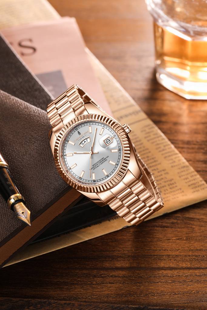Oxford Collection Analog Quartz Watch For Men With Stainless Steel Strap, Fluted Metal Case, Day & Date Display, : LFM10001-44