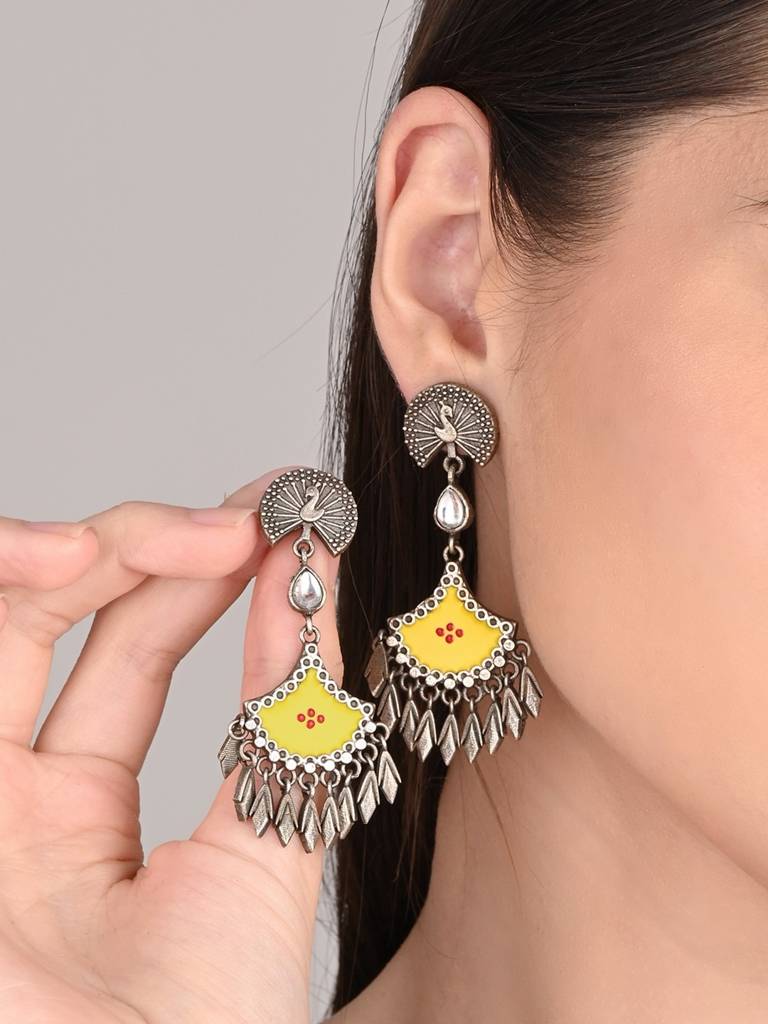 Silver Oxidised Finish Hand Painted Drop Earring : S24DJER314YLW