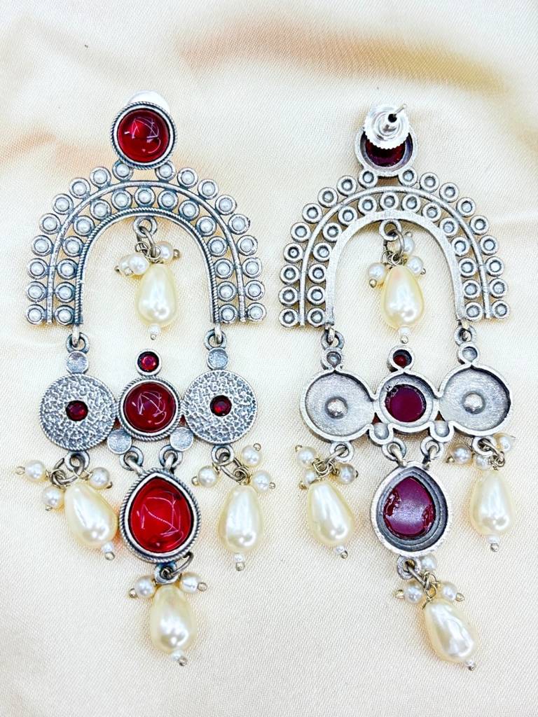 Silver Plated Oxidised Stone & Pearl Embellished Statement Chandbali Earrings : VI26EROX100339