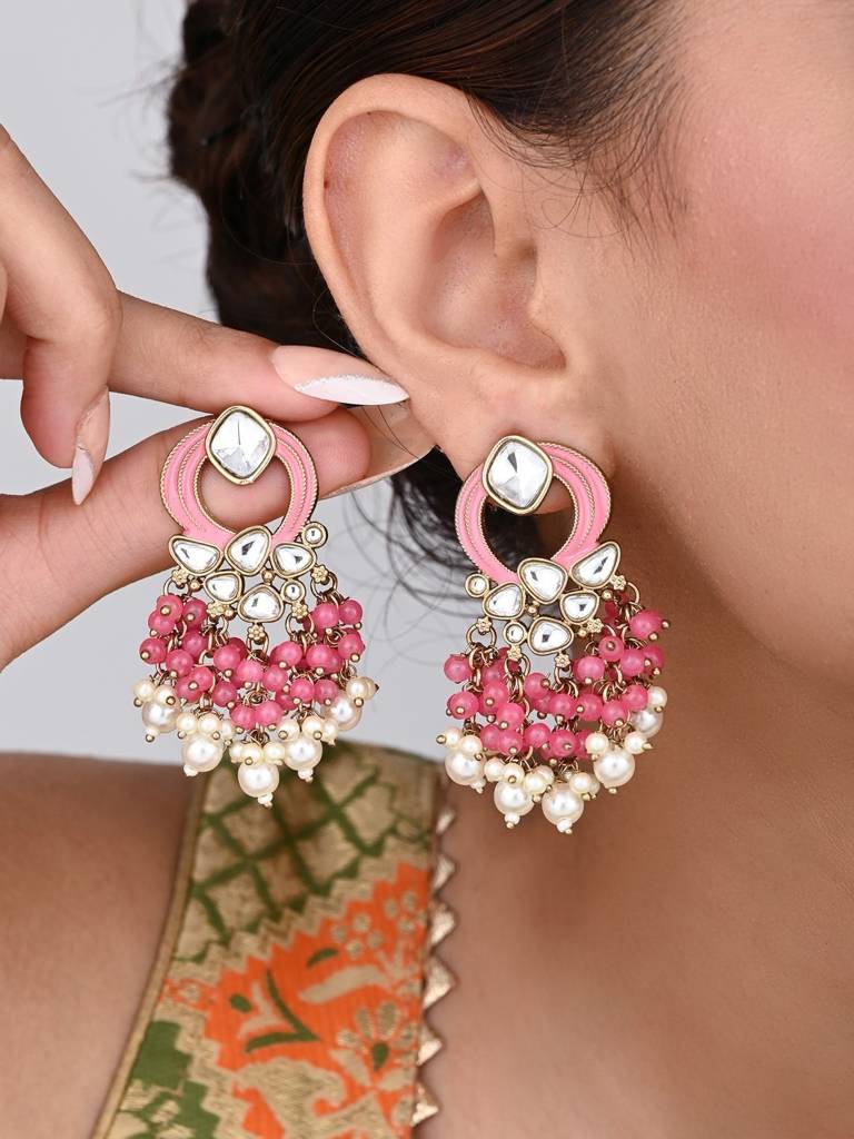 Gold-Plated Meenakari Stud Earrings With Kundan & Pearl Cluster Drops : S24FAER408PNK