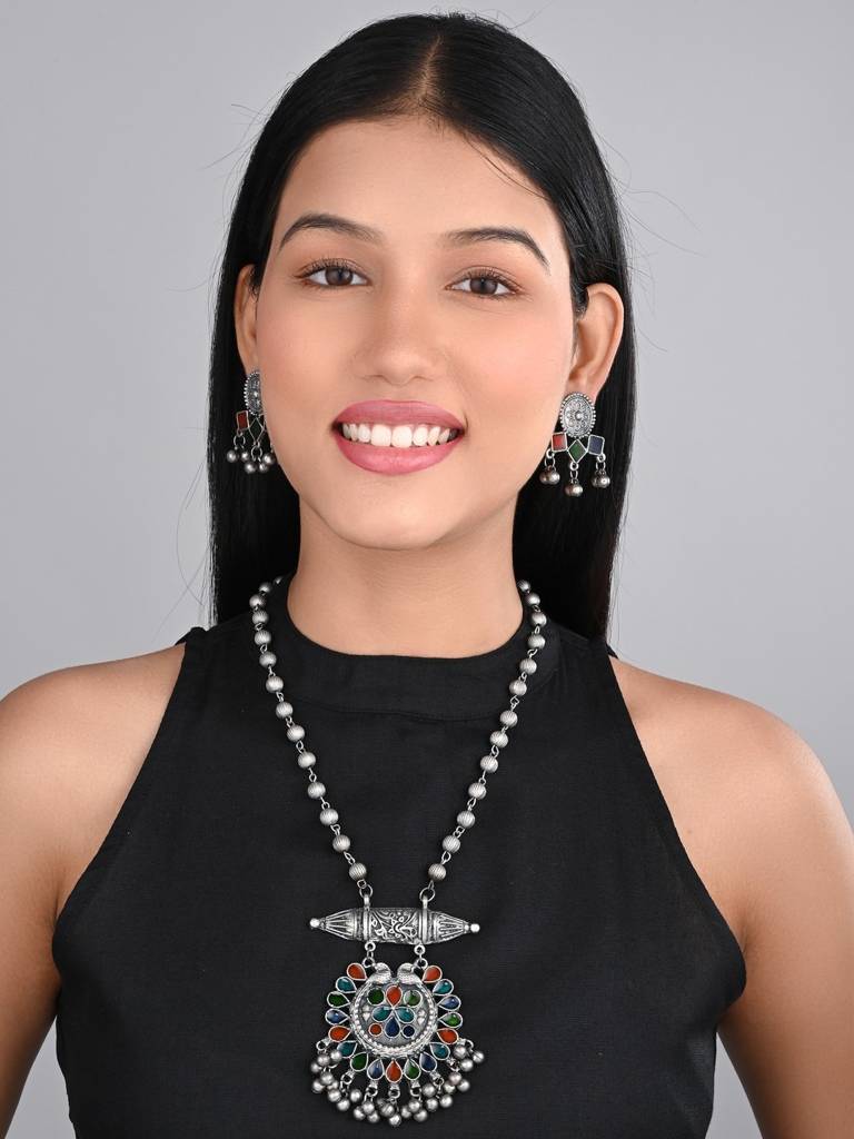 Silver Oxidised Finish Meenakari Jewellery Set : S24MRNKS397SLV