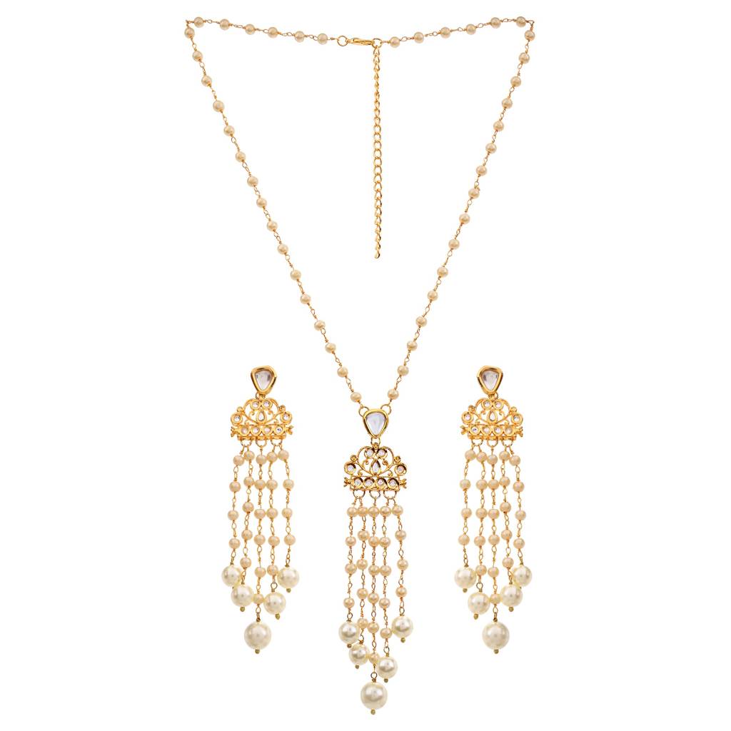 22Kt Gold-Plated Kundan And Pearl Cascade Necklace Set : PE25025