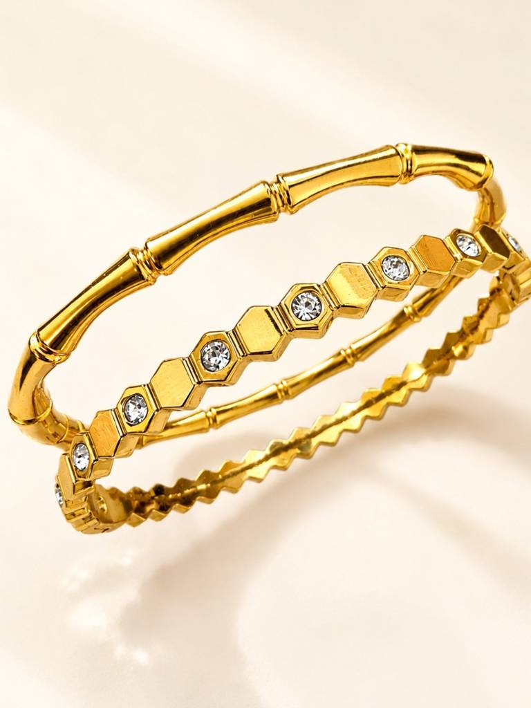 Bamboo Bangle & Hex Crystal Bracelet Duo – 18Kt Gold Plated Stainless Steel Combo Set : CBR015BBH