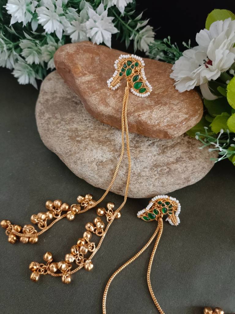 Gold-Plated Kundan Studded & Ghungroo Beaded Tasselled Peacock Kashmiri Drop Earrings : VS105308