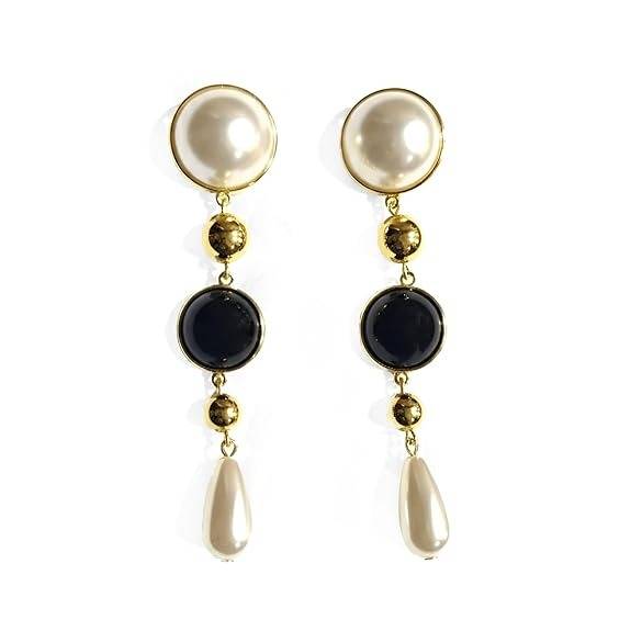 Pearl  Black Onyx Stone With Anti-Tarnish Long Drop Earrings For Women : HSPS60MB1371