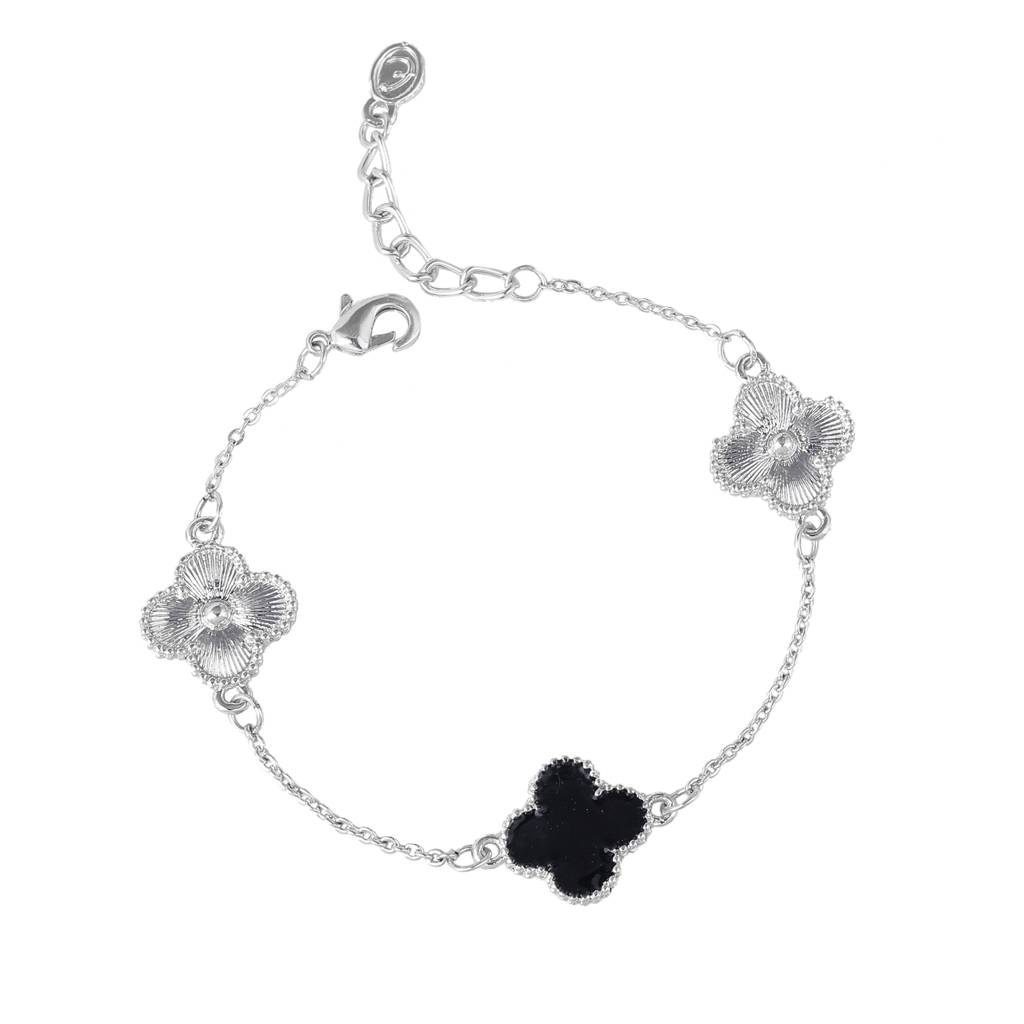 Estele Rhodium Plated Trendy Black Clover Leafy Style Adjustable Charm Bracelet For Women : 102183-IRBKBR