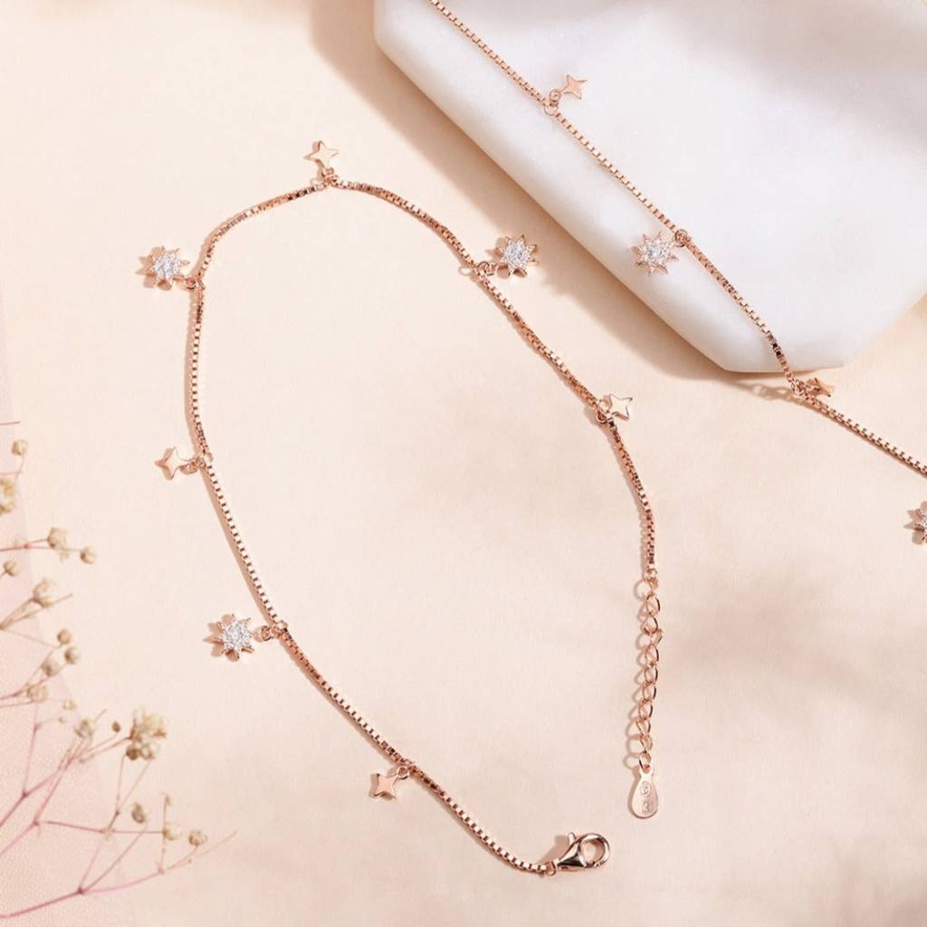 Enchanting Star 925 Silver Anklets In Rose Gold : ANK-60033-PAIR
