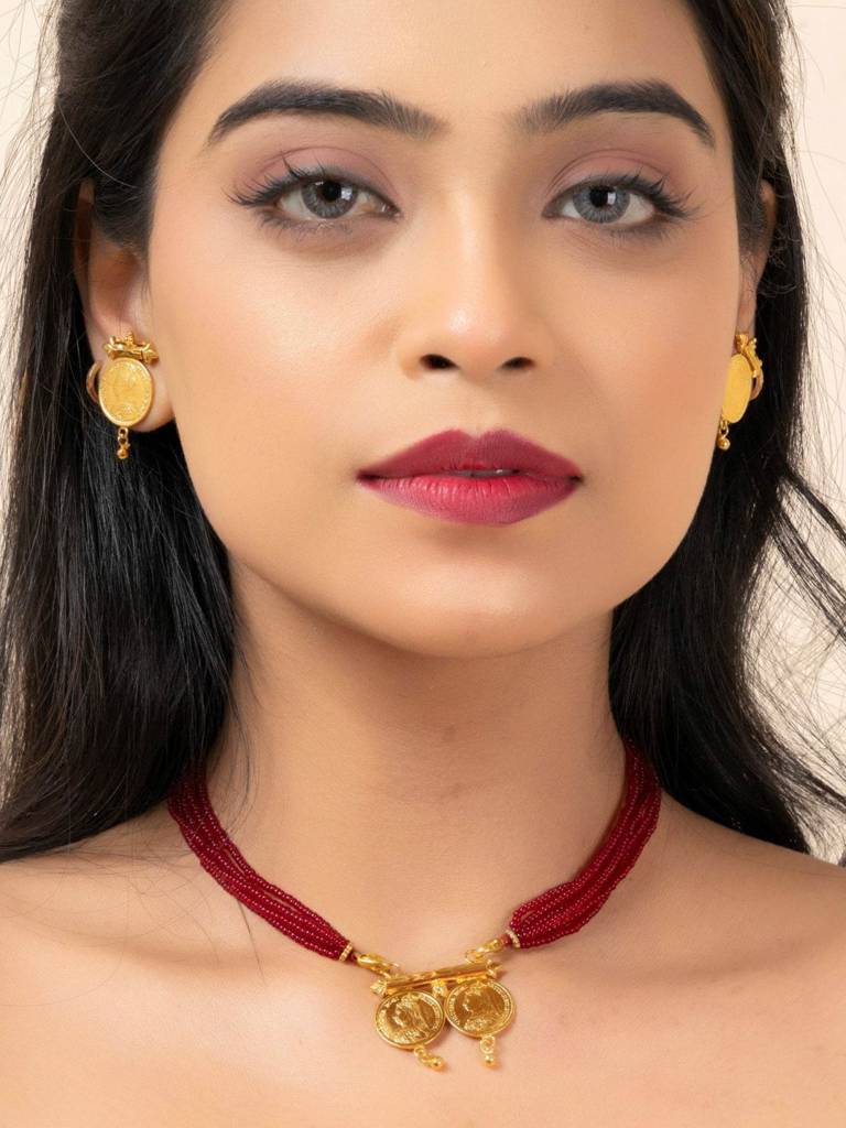 Gold Plated Victorian Double Coin Mangalsutra Necklace Set : LAANP106
