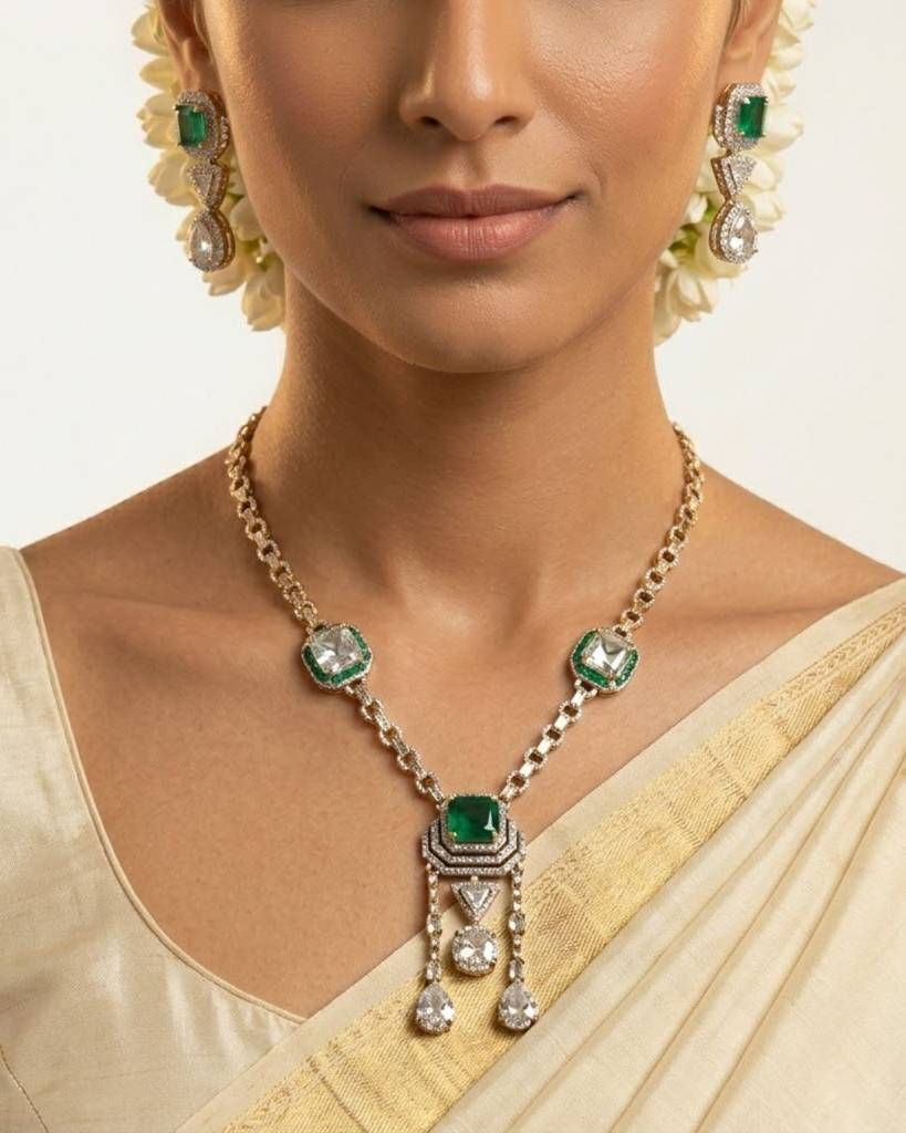 Emerald Asteria American Diamond Necklace Set : sm30