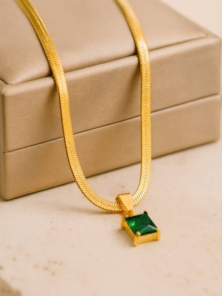 Emerald Stone Neckpiece | 18K Gold-Plated Stainless Steel Necklace : ATC702ESN