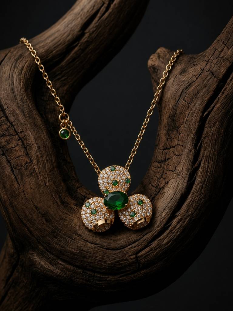 Emeralda Floral Set | 18K Gold Plated Necklace & Earrings With Pavé Cz Stones : SET949ESFS