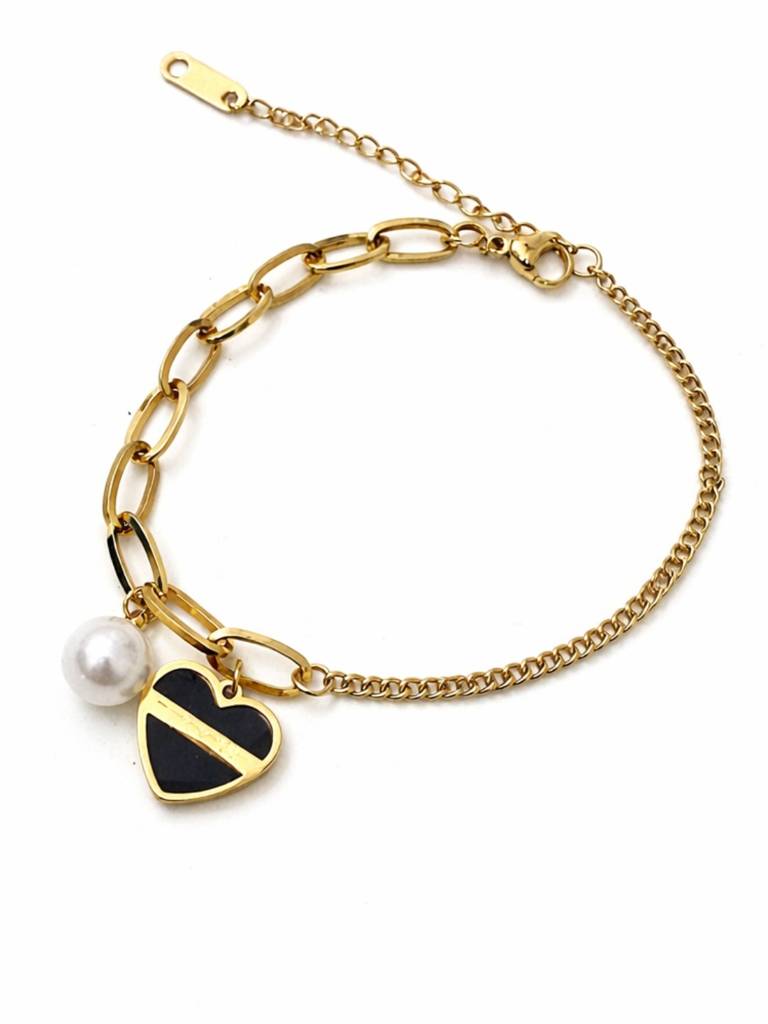 Black Heart Pearl Charm Bracelet – 18K Gold Plated Stainless Steel : ATCB749BHCB