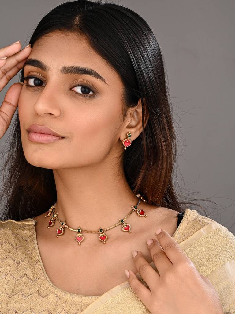 Red Meenakari Floral Alloy Necklace Set : S24FANKS545RED