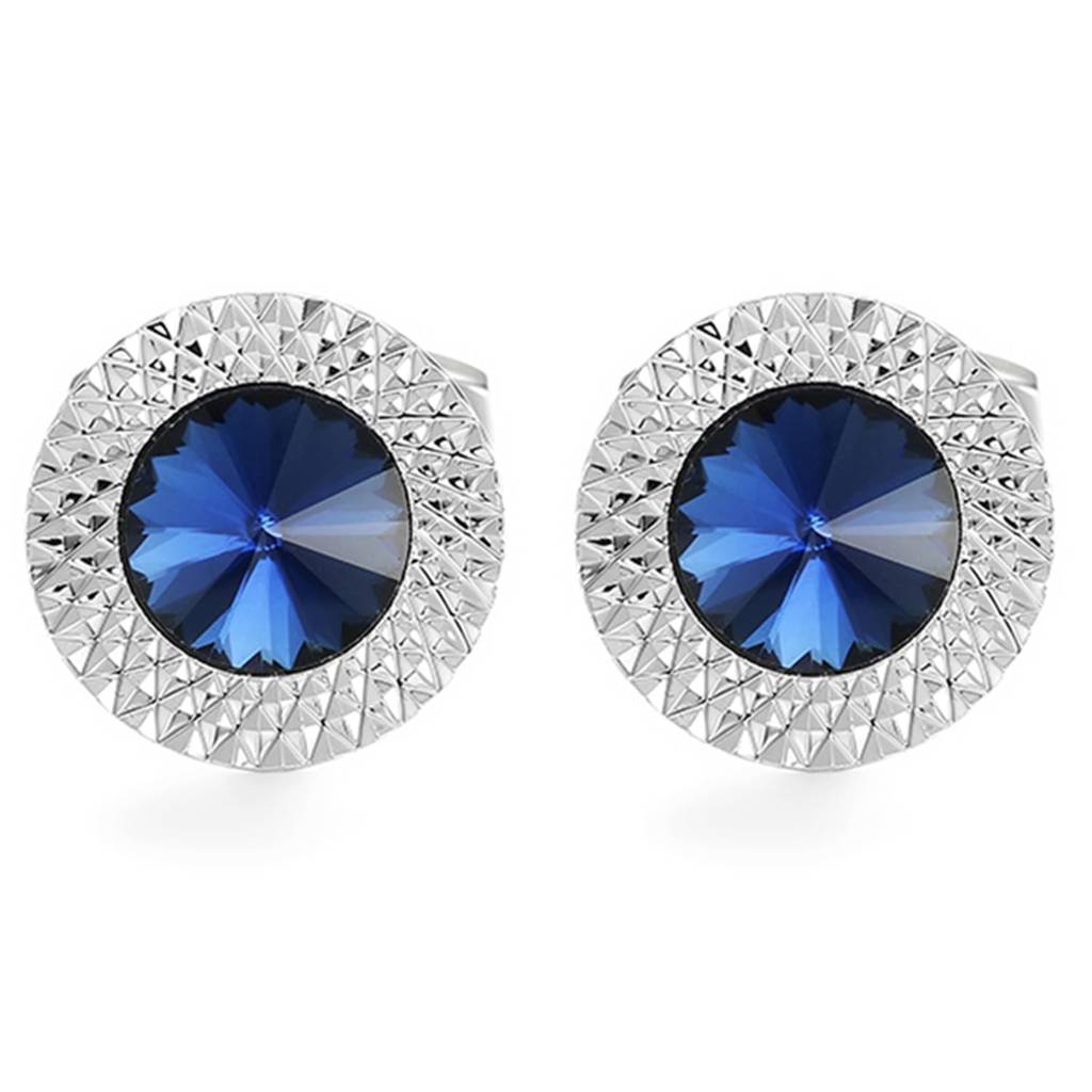 Silver Plated Circular Blue Crystal Cufflinks For Men Boys Wedding Business Gift : PX9CL22