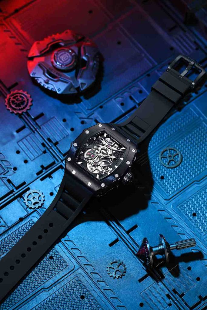 Giordano Analog Skeleton Dial Watch For Men Â Tonneau Case, Silicone Strap, Open-Gear Sport Design, Quartz Mov : GZ-50188-11