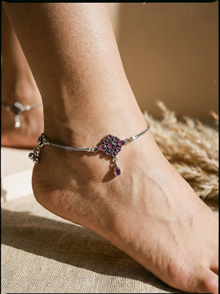 Silver Toned Pink Crystal Stones Embeded Geometric Charm Delicate Payal Anklet : SJPL2874