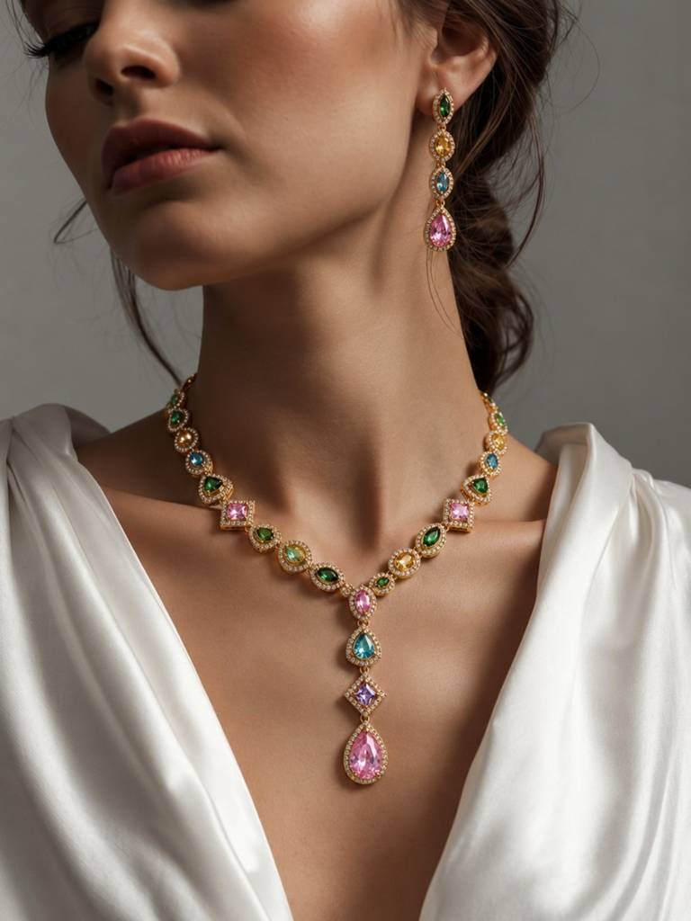 Serenata Multicolor Gemstone Y-Drop Necklace & Earring Set, 18K Gold-Plated : SET952MCSD