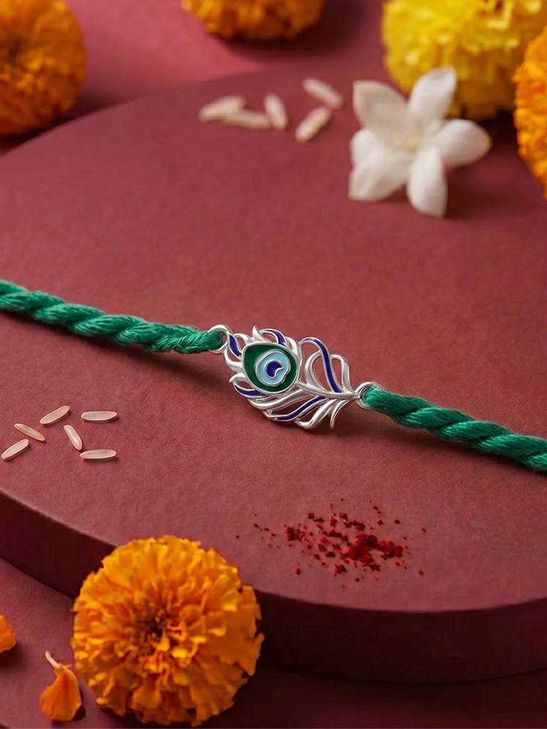 925 Sterling Silver Peacock Thread Rakhi For Brother : RKH-10096-S