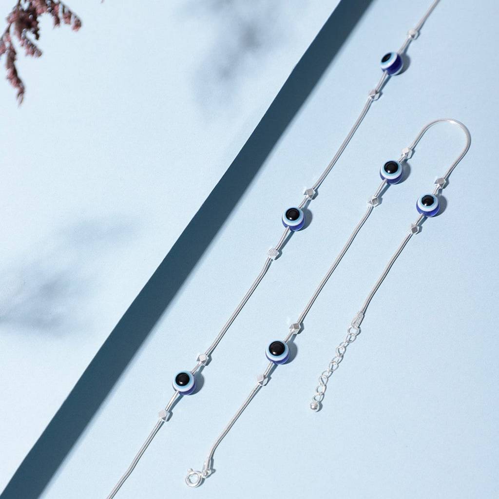Evil Eye Beaded Rhodium Plated 925 Sterling Silver Chain Anklet : ANK-60194-PAIR