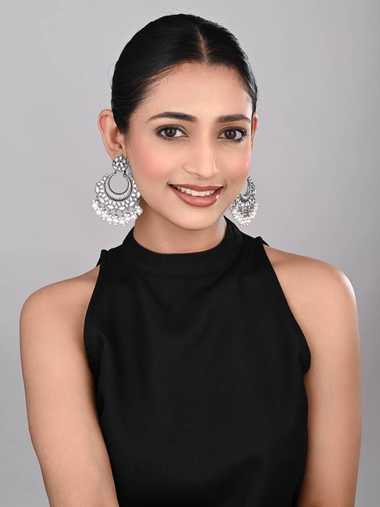 Silver Plated Chandbali With Pearl Drops : S24KCER439SLV