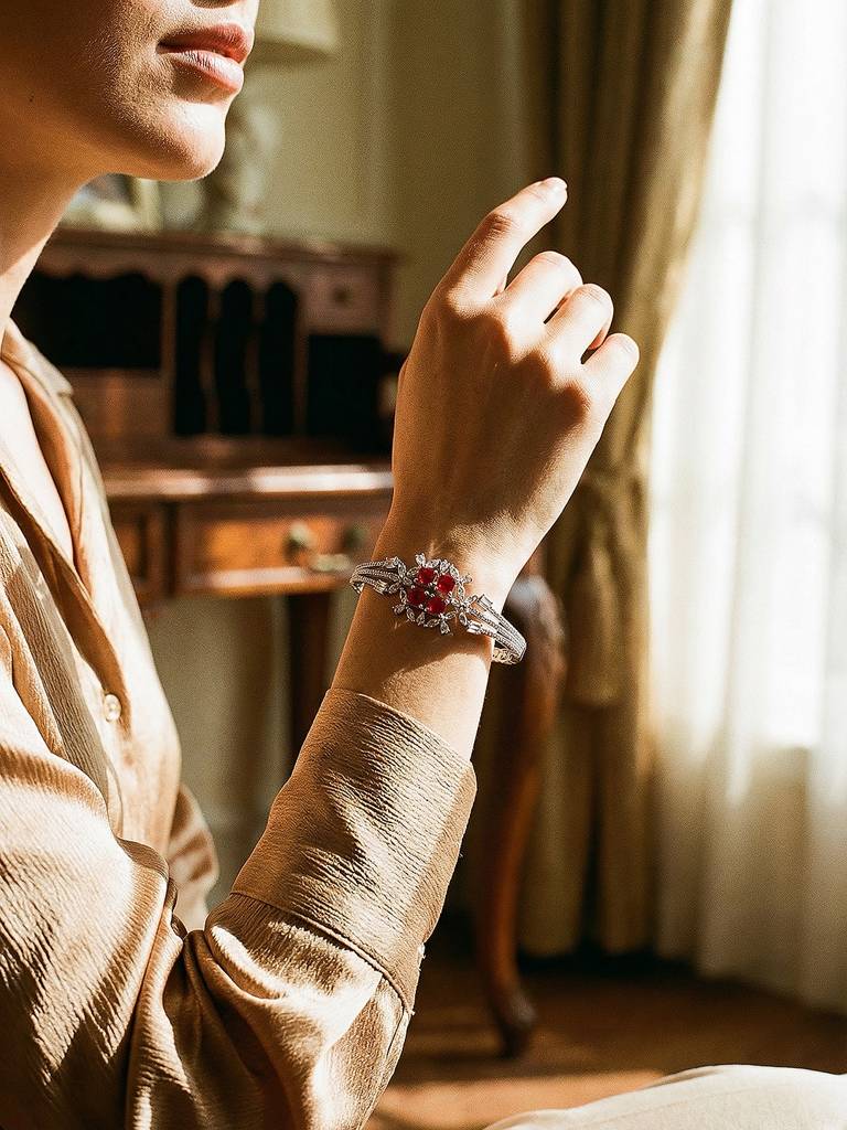 Silver Plated Ruby Red  Cubic Zirconia Geometric Luxe Bridal Kada Bracelet : SJBR2937