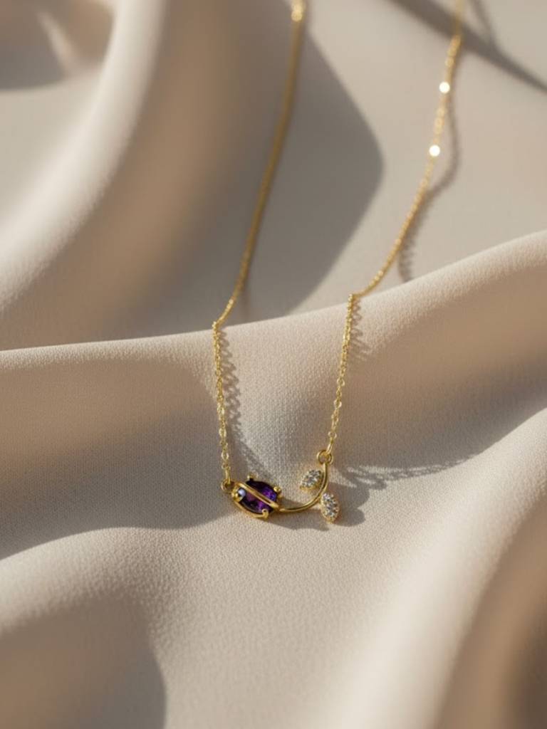 Anti-Tarnish Tulip Purple Stone Chain | 18K Gold Cz Jewelry : ATC654TPSC