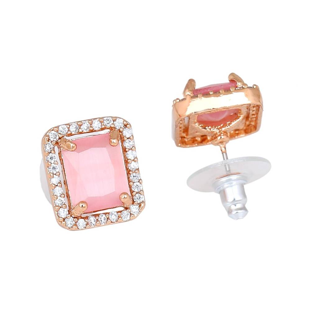 Estele Rose Gold Plated Cz Square Designer Stud Earrings With Mint Pink Stones For Women