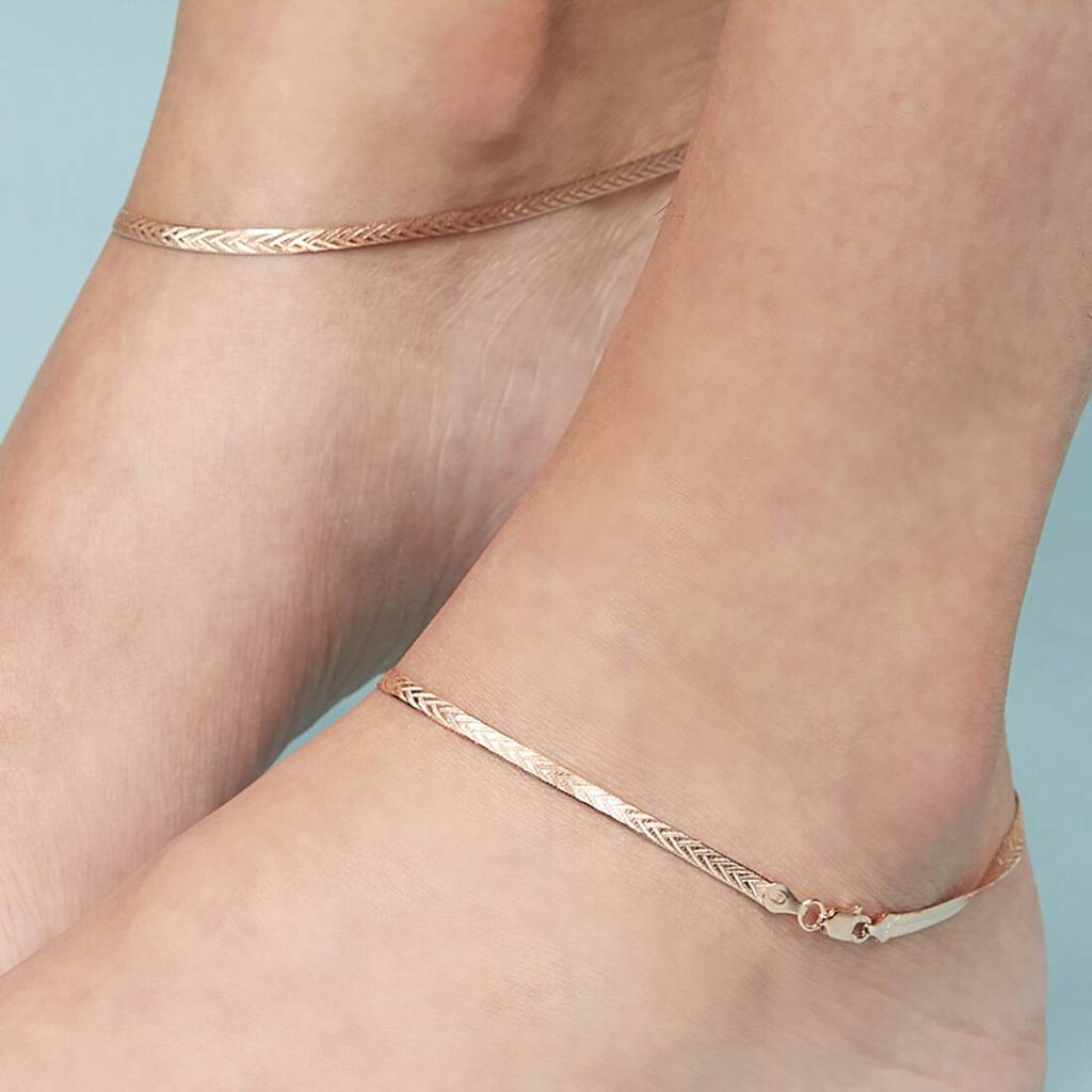 Braided 925 Silver Anklet In Rose Gold : ANK-60051-PAIR