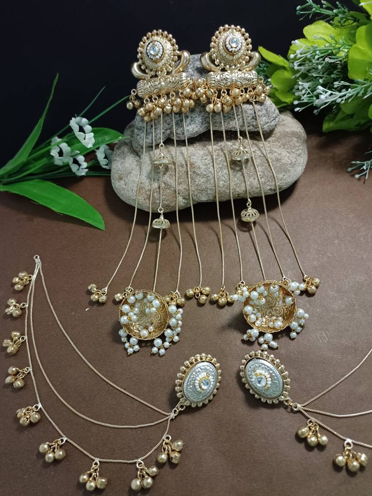 Gold-Plated Kashmiri Long Jhumka Earrings With Matching Ear Chains : VS105381