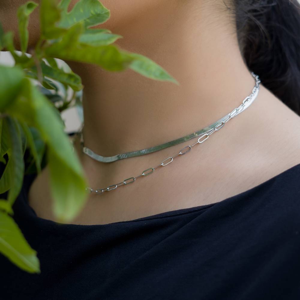 925 Silver Paperclip And Herringbone Necklace Set | : NL1056
