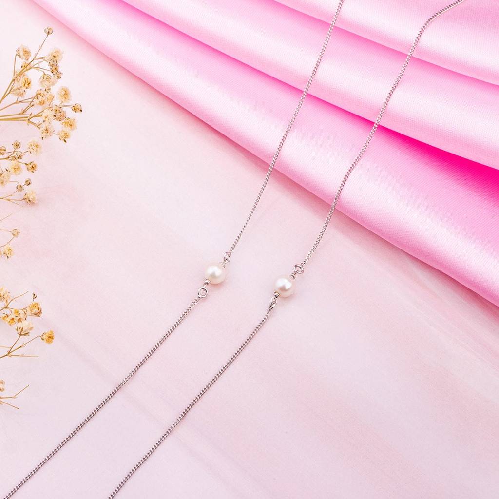 White Pearl Rhodium Plated 925 Sterling Silver Chain Anklet : ANK-60260-PAIR