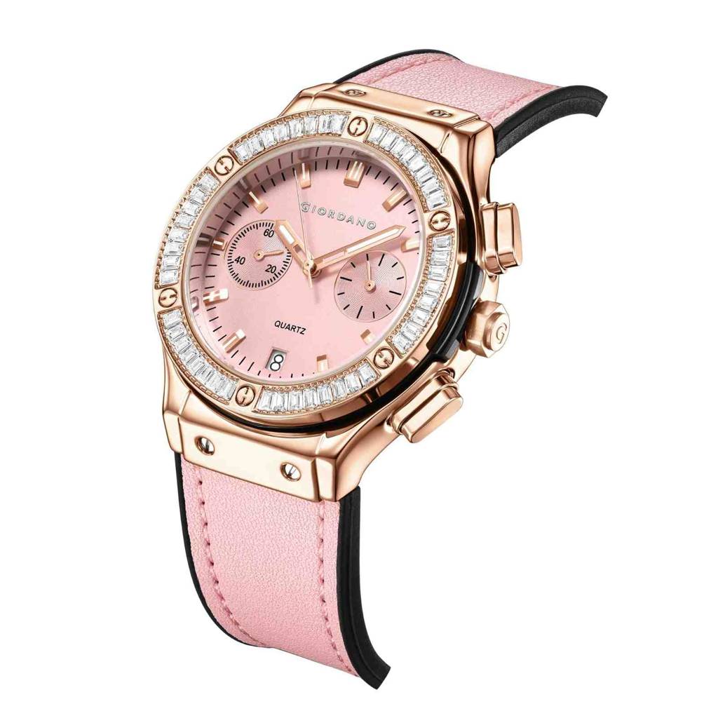Giordano Analog Watch For Women Â Round Dial, Leather Strap, Crystal-Studded Bezel With Quartz Movement : GZ-60093-04