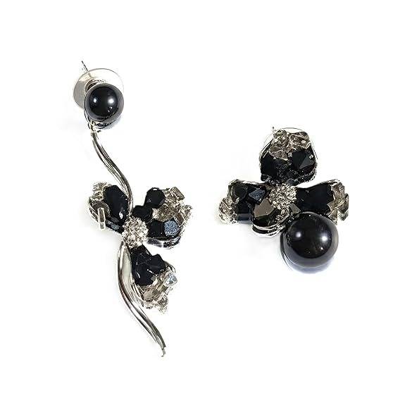 Black Crystal Cluster With  Anti-Tarnish Pearl Stone Earrings For Women : HSPS60MB1370