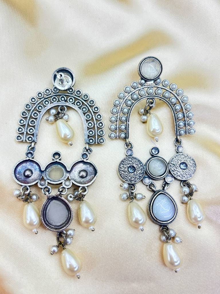 Silver Plated Oxidised Stone & Pearl Embellished Statement Chandbali Earrings : VI26EROX100336