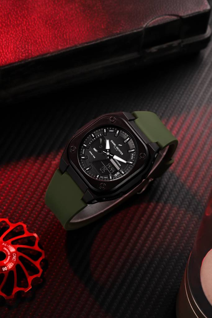Paris Tech Collection Analog-Digital Sports Watch For Men – Black Dial, Silicone Strap, World Time & Countdown Ti : DHM1071-03