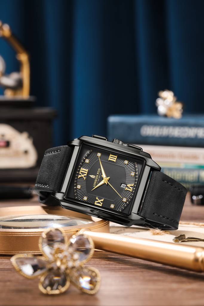 Mayfair Collection Analog Quartz Watch For Men With Leather Strap, Square Metal Case, Crystal Hour Accents, Date : LFM10004-02