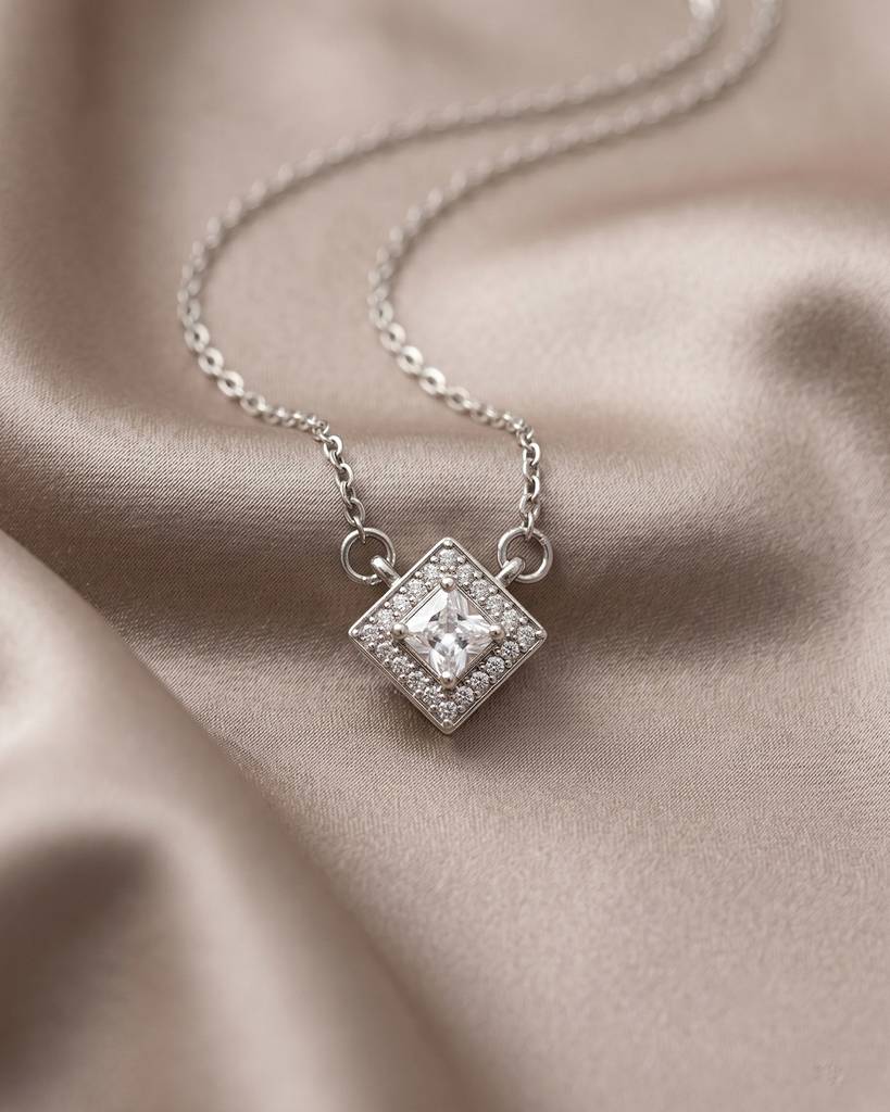 925 Silver Radiant Square Solitaire Pendant Necklace : IS-NC-PC-1182