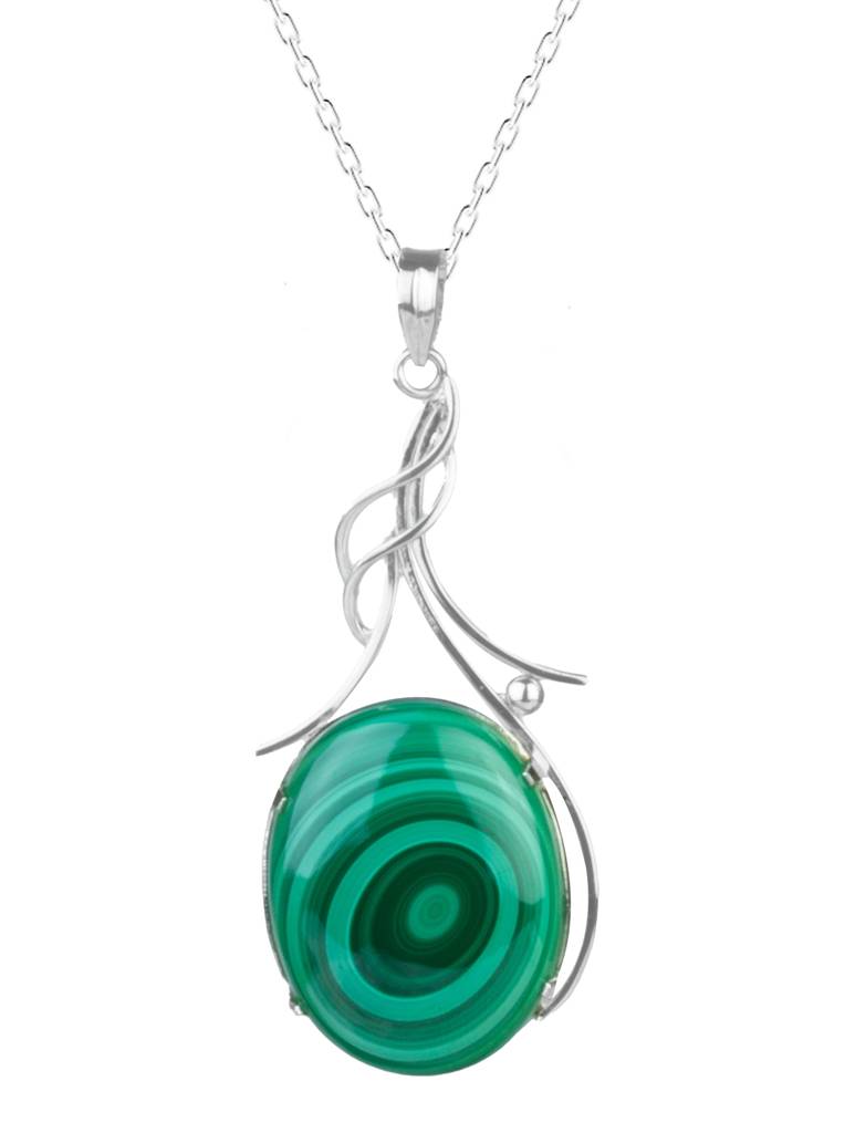 925 Sterling Silver Malachite Pendant With 18 Inch Chain Handmade Gemstone Necklace For Women Elegant Jewelry : FU-0819