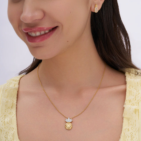 18K Gold Vermeil Pave Leaf Pineapple Necklace For Women | Valentine Gift Jewellery : KNP0078-Gold