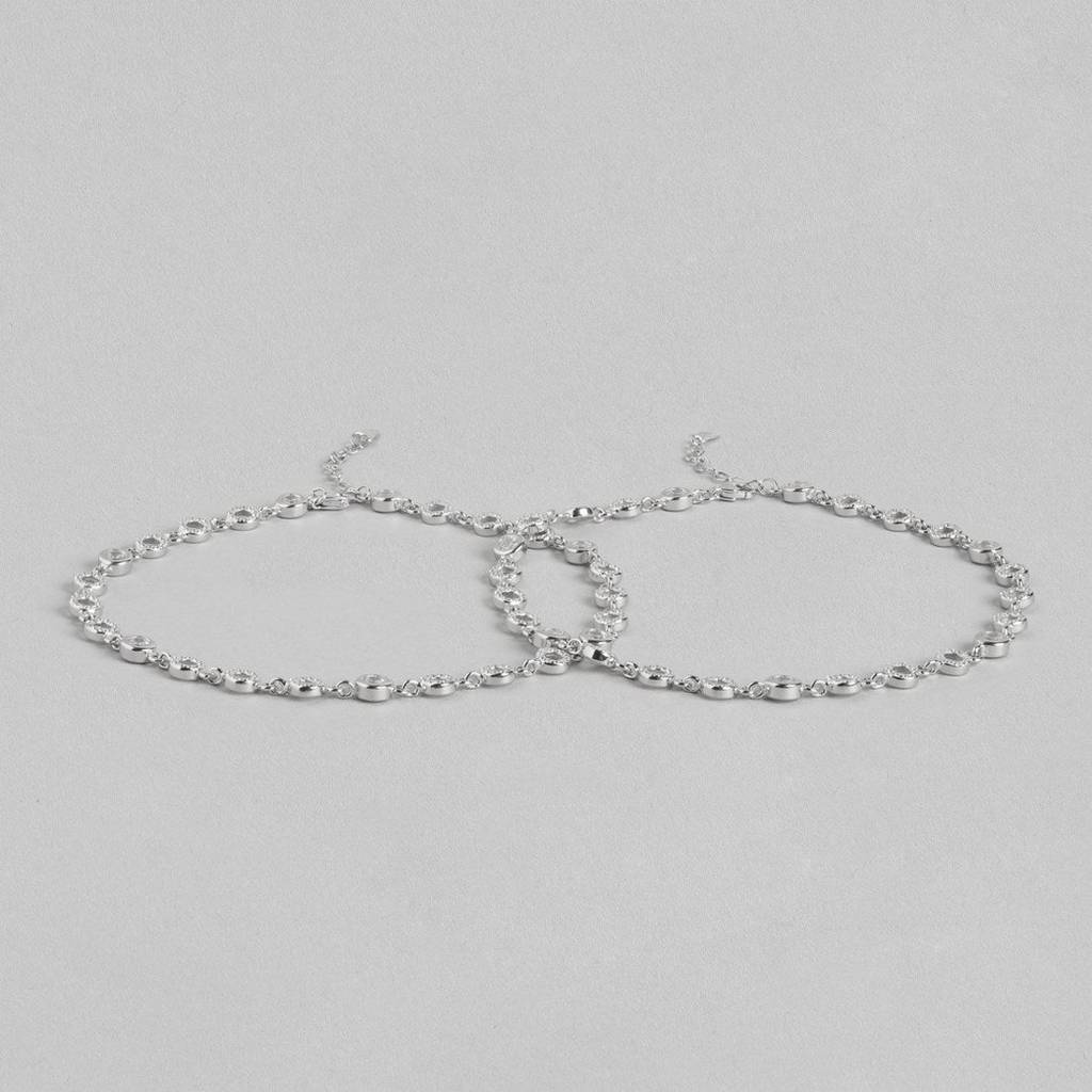 Radiant Glamour Cubic Zirconia Rhodium Plated 925 Sterling Silver Anklet : ANK-60334-PAIR-R