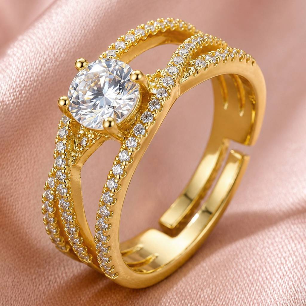 Criss-Cross Diamond Gold Anti-Tarnish Ring For Women : HSPS60MB1871