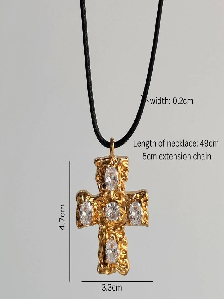 Mens Hammered Cross Pendant Necklace With Black Cord 18K Gold Plated Waterproof Anti-Tarnish : ADZ0925P515G_M