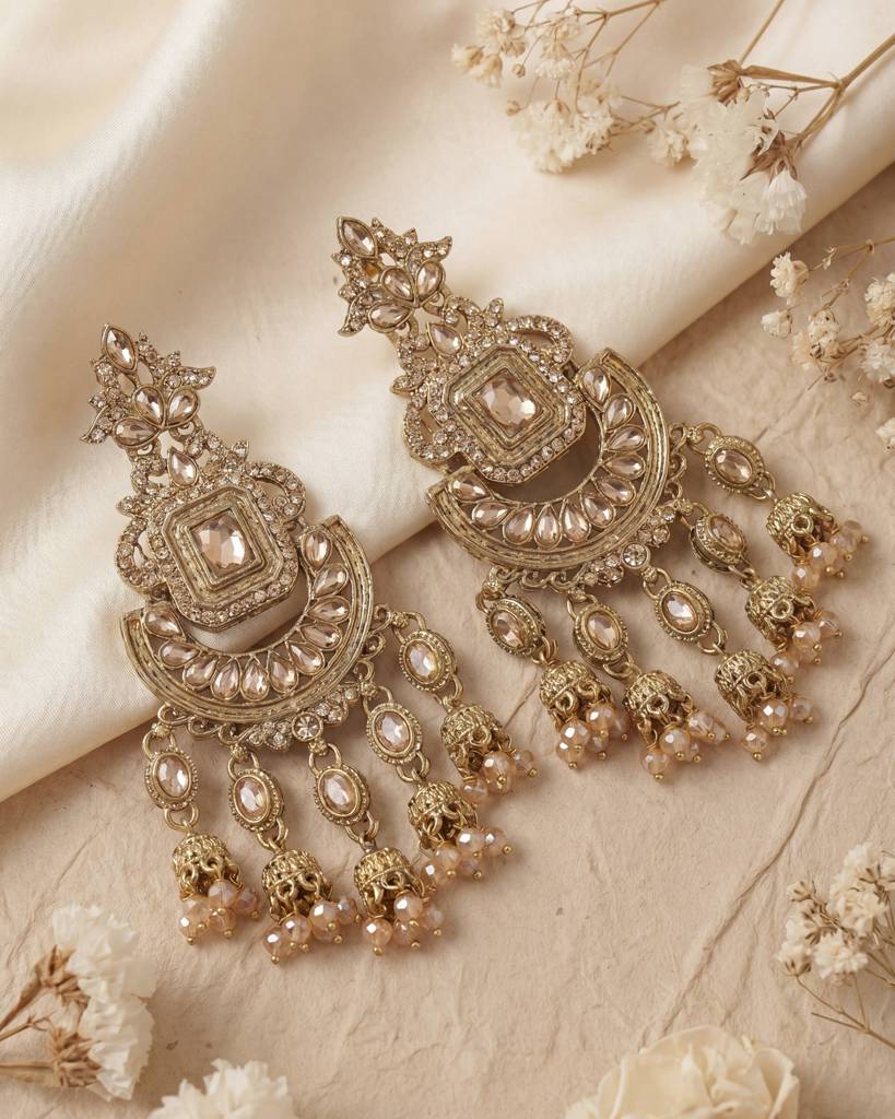 Antique Gold Champagne Crystal Cluster Long Dangle Earrings : ORP209