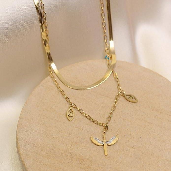 Gold Plated Double Layered Pheonix Eagle Pendant Necklace For Women : HSPANPD0IDSM0025