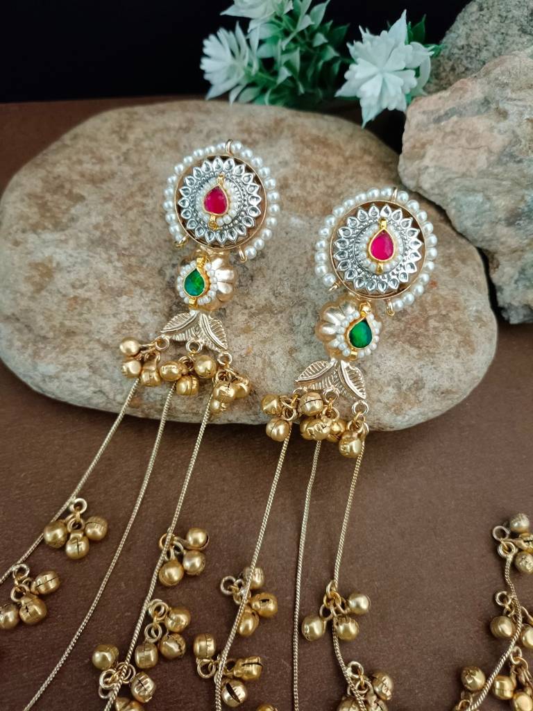 Brass Plated Pachi Kundan & Ghungaroo Studded Kashmiri Drop Earrings : VS105328