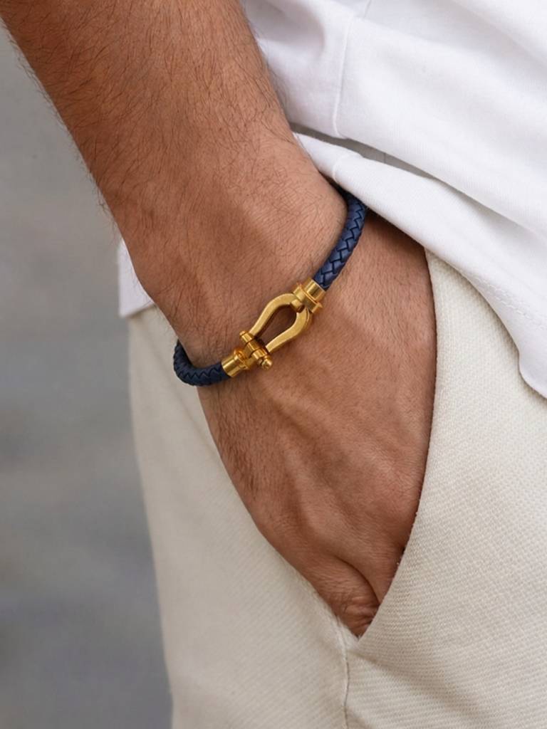 Unisex Braided Leather Gold Magnetic Bracelet : ATB1089NKL